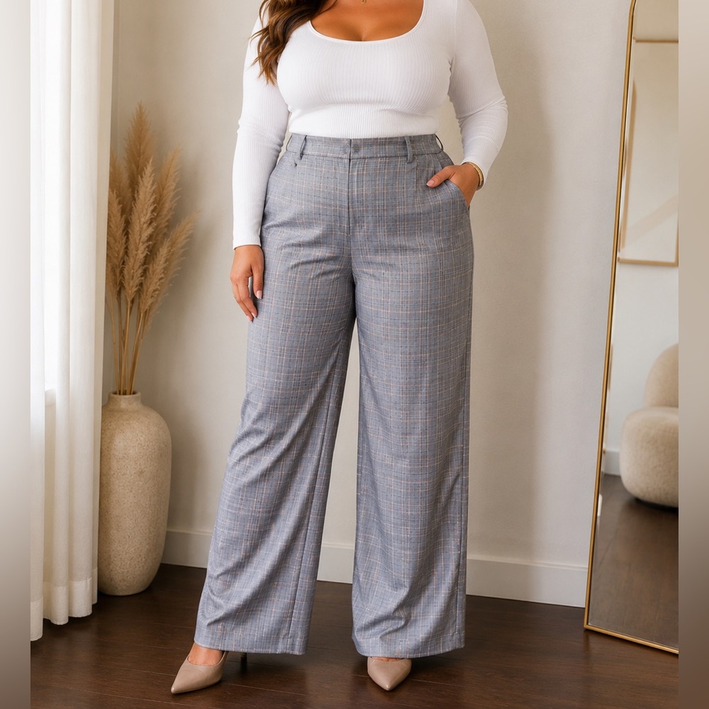 LOFT Curvy Plaid Wide Leg Pants Gray Pink Size 14 - Picture 1 of 12